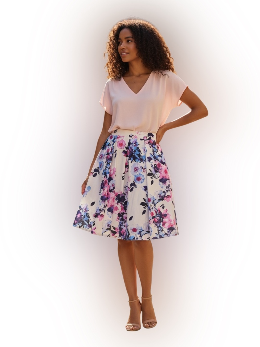 Adrienne Vittadini watercolor floral pleated midi skirt size  small pink/blue
